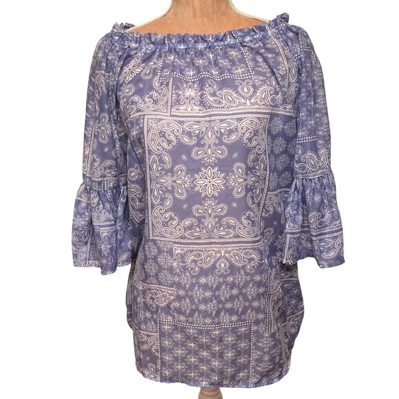 Boho Off-Shoulder Bandana Print Tunic Top Beach Coverup With Ruffle Bell Sleeve - Picture 1 of 11